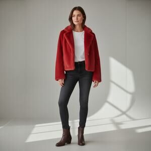 Allegra K Cropped Notch Lapel Faux Fur Fluffy Jacket Red - New With Tags